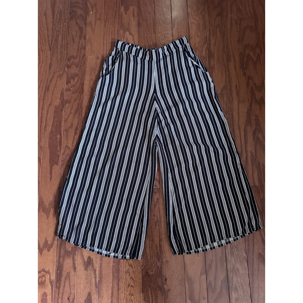 Y2K Hollister Wide Leg Crop Pants Women's M White Black Striped Beach City Boho